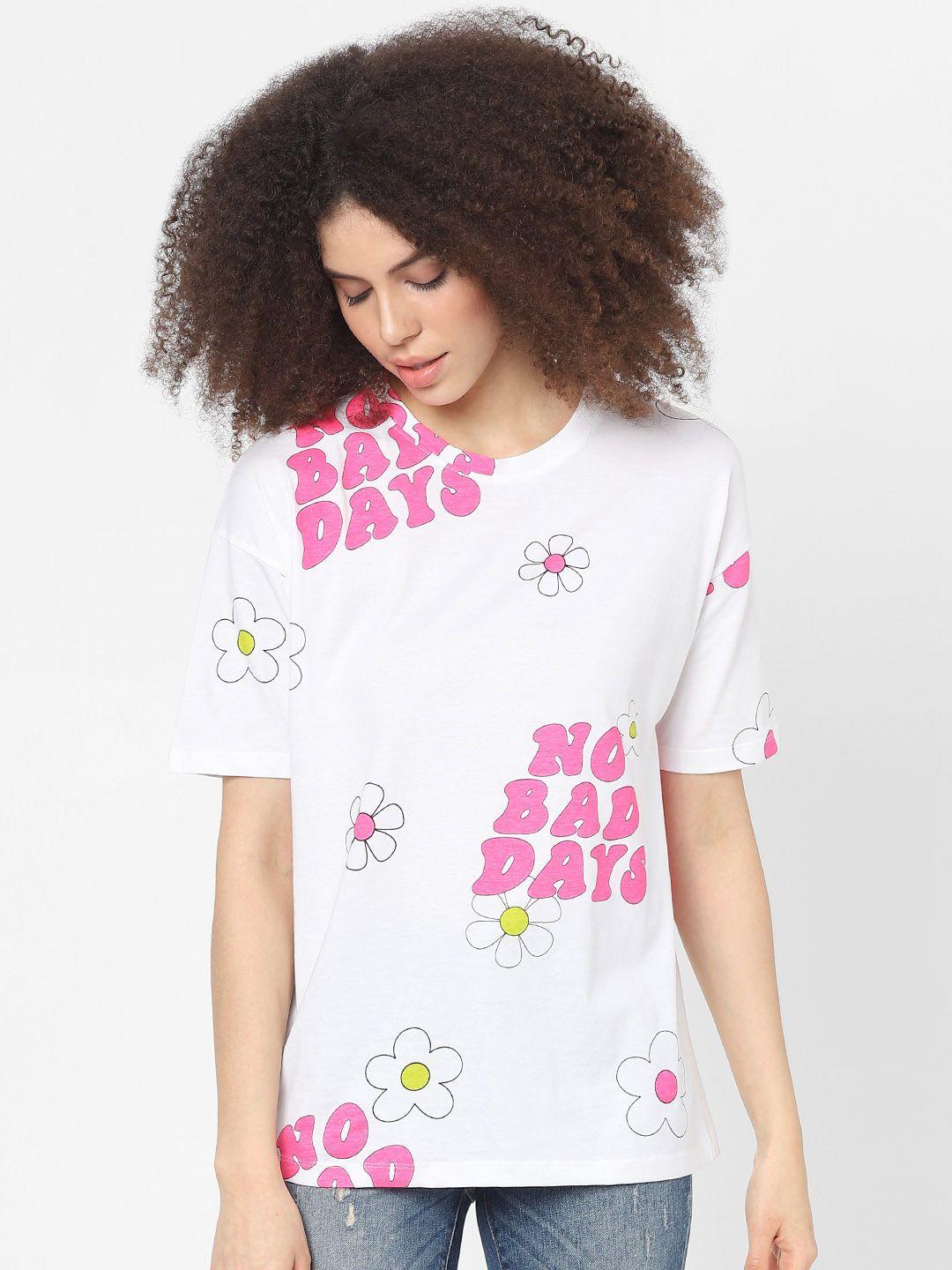 only women white & pink cloud dancer printed cotton regular-fit t-shirt