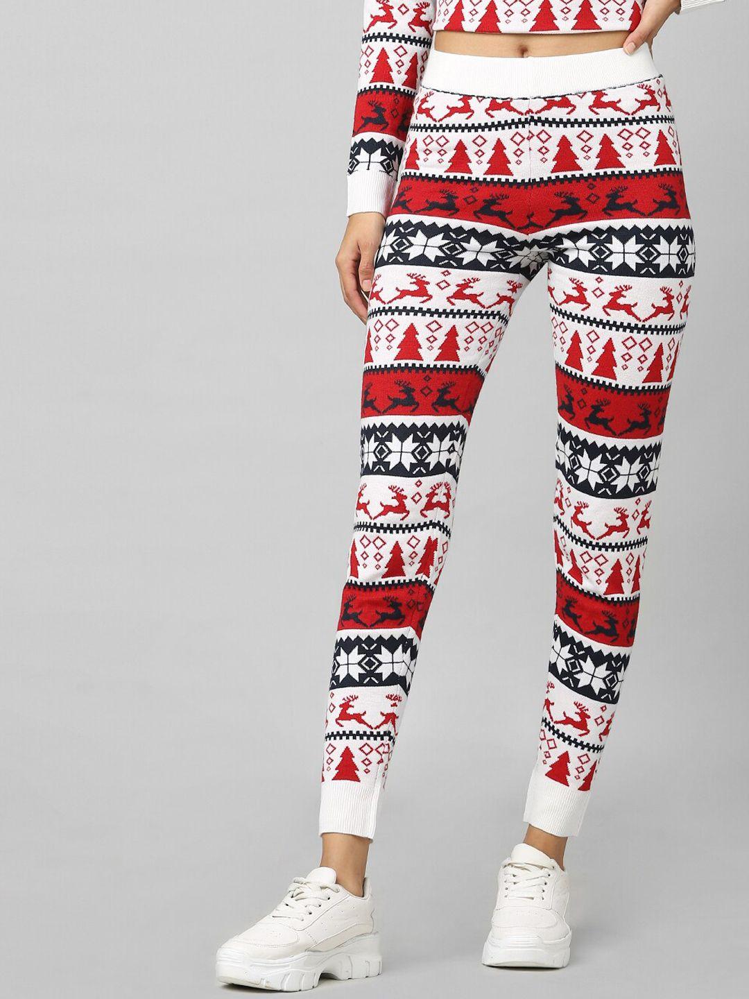 only women white & red abstract printed cotton ankle-length leggings