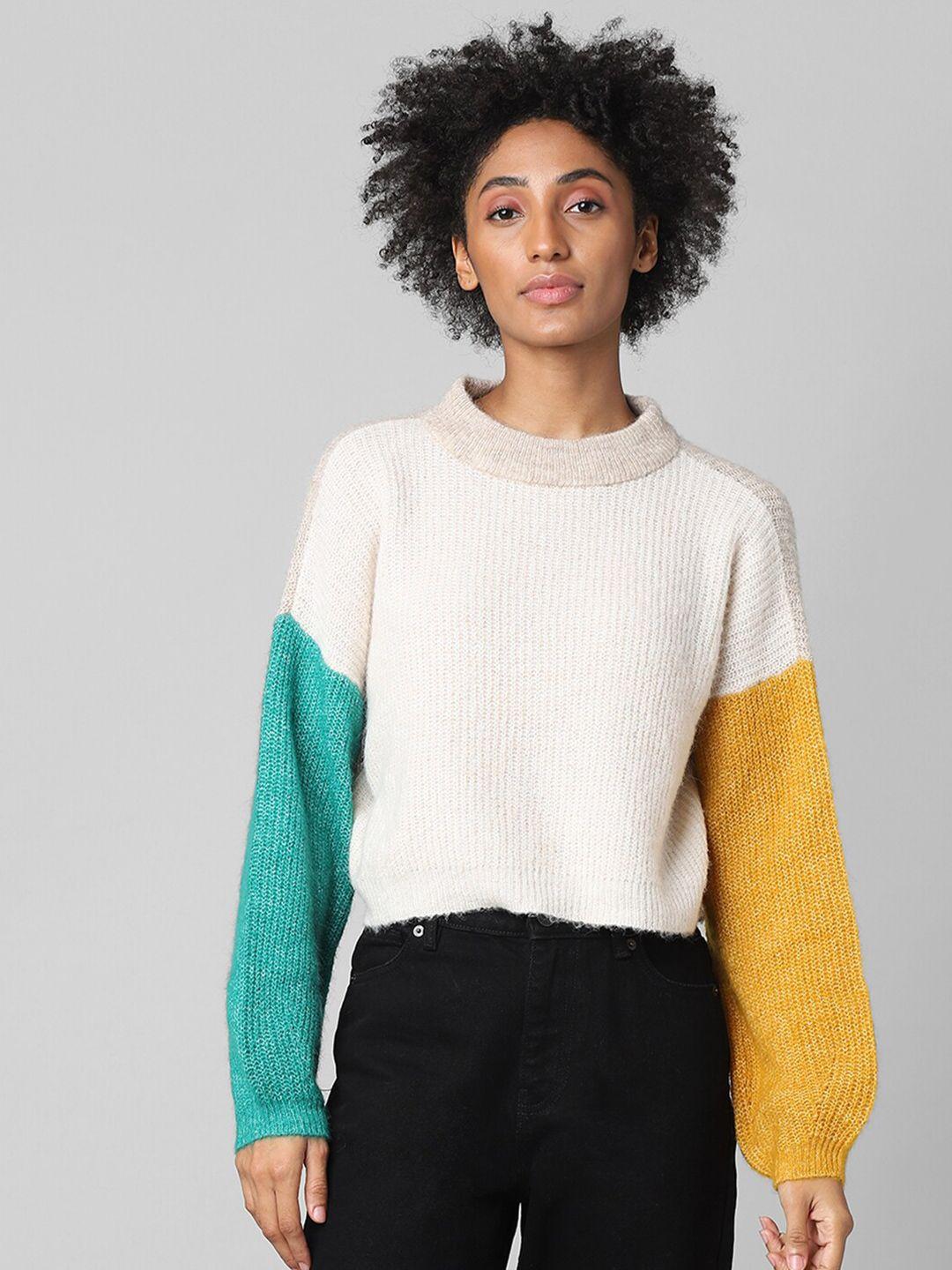 only women white & yellow colourblocked pullover