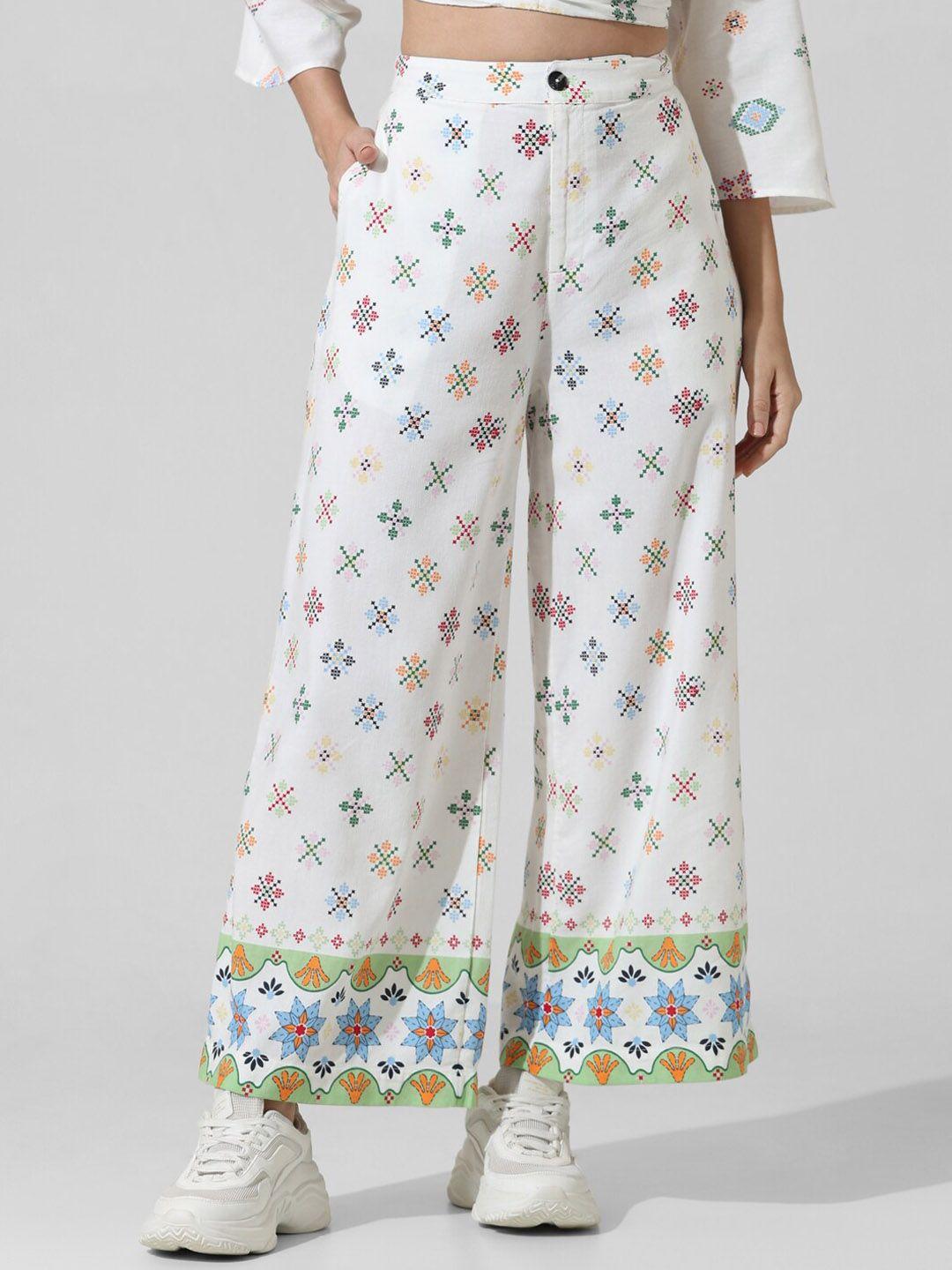 only women white printed flared high-rise culottes trousers