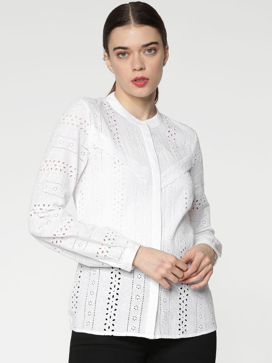 only women white slim fit crochet detail casual shirt
