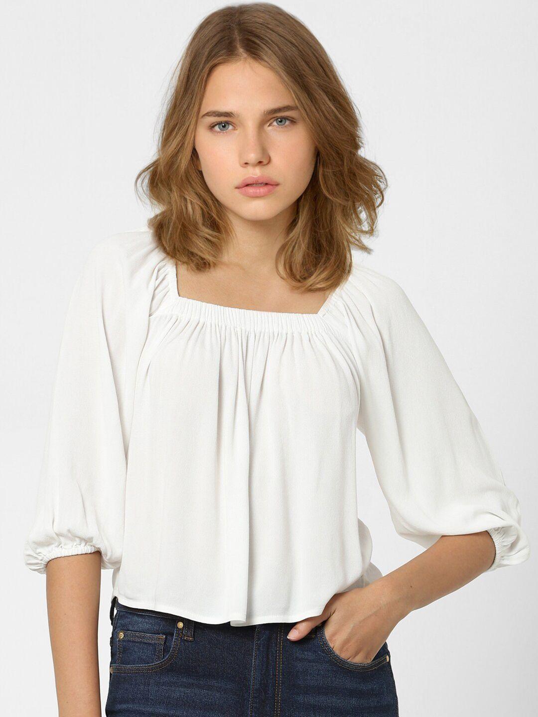 only women white solid square neck regular top