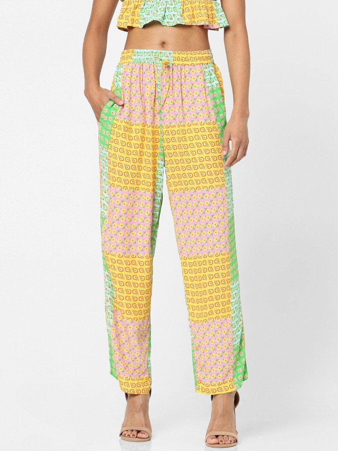 only women yellow & green floral printed high-rise trousers