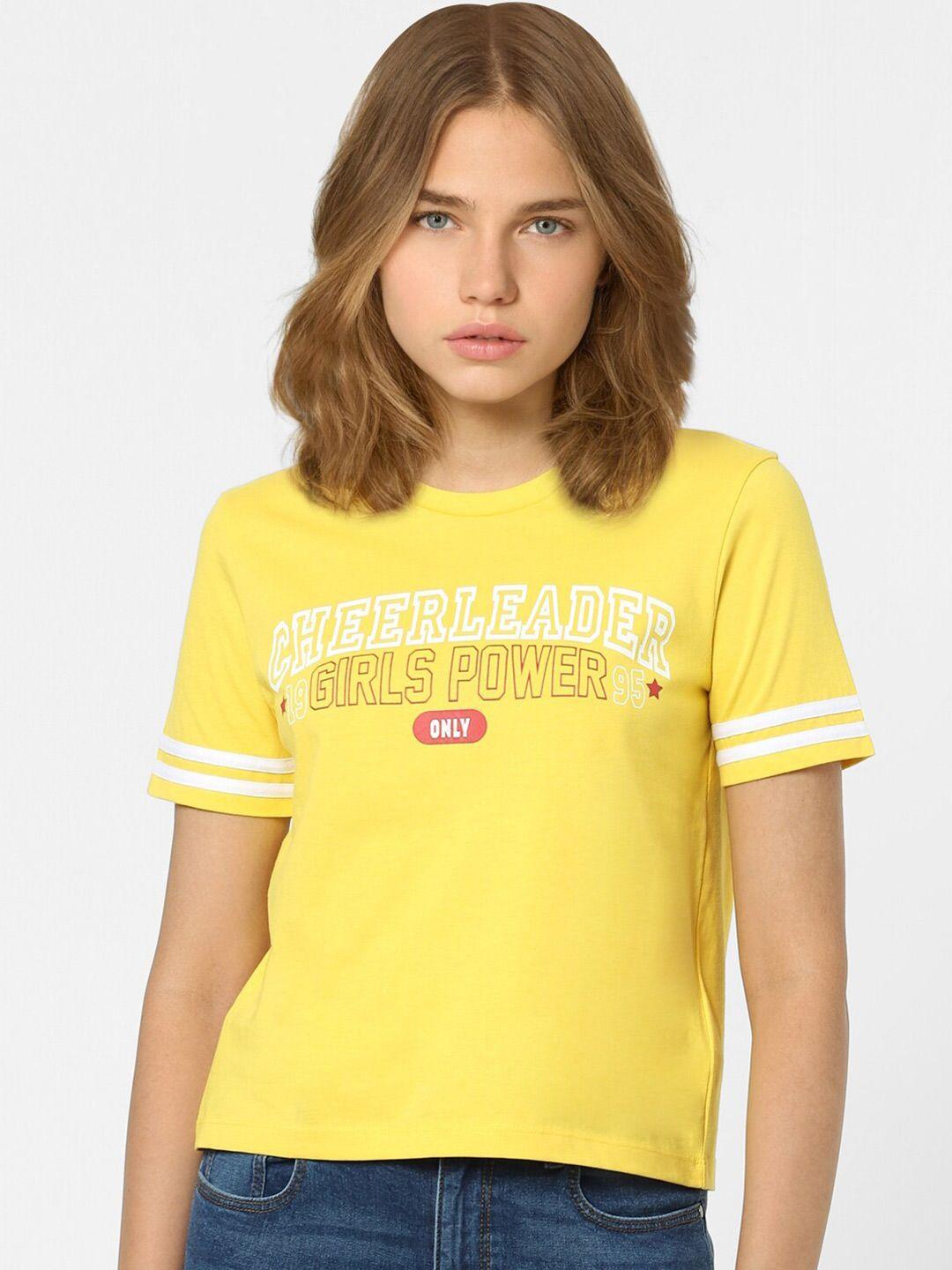 only women yellow & white typography printed t-shirt