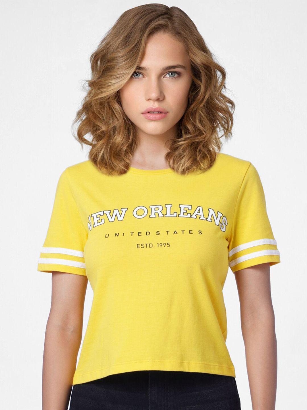 only women yellow & white typography printed t-shirt