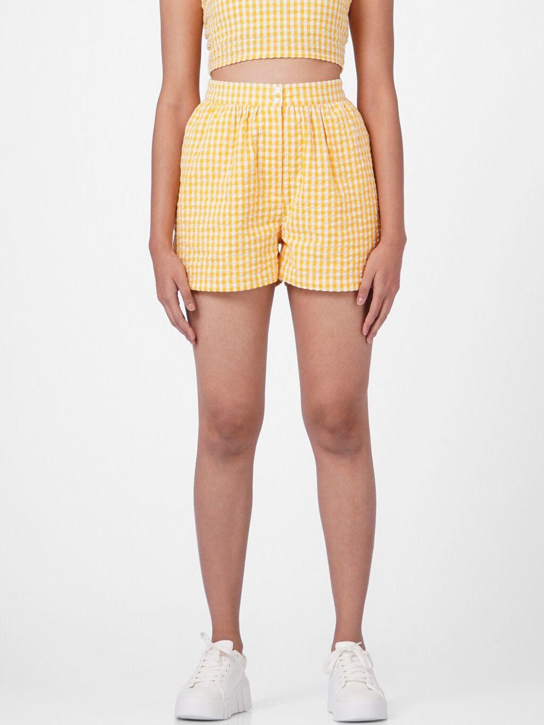 only women yellow checked high-rise shorts