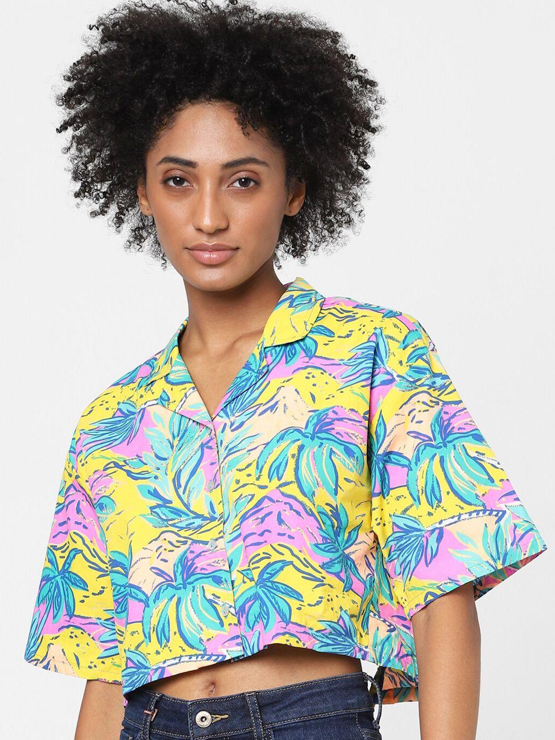 only women yellow floral printed cotton casual shirt