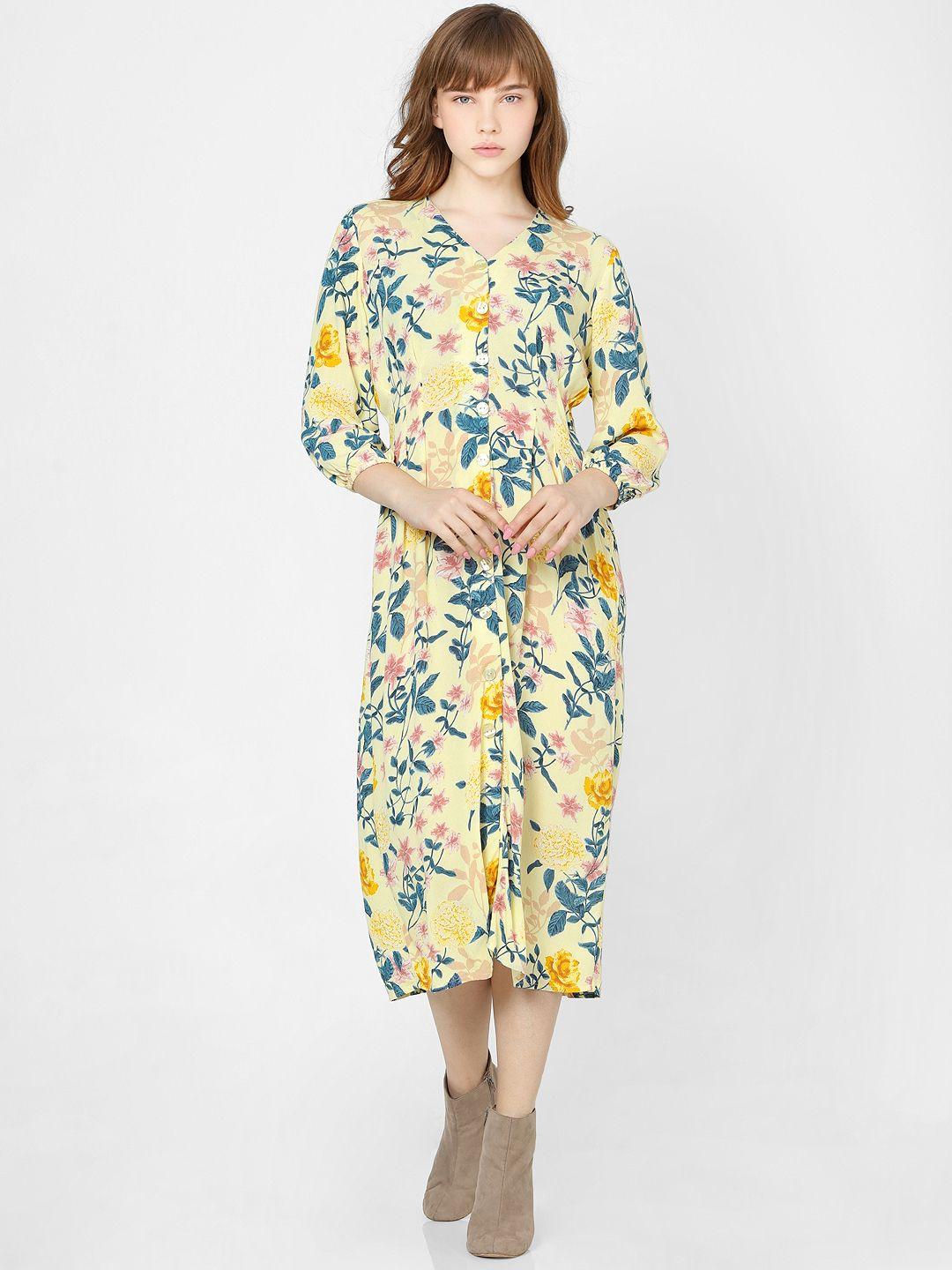 only women yellow floral printed fit and flare dress