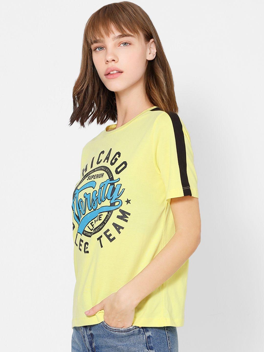 only women yellow printed round neck pure cotton t-shirt