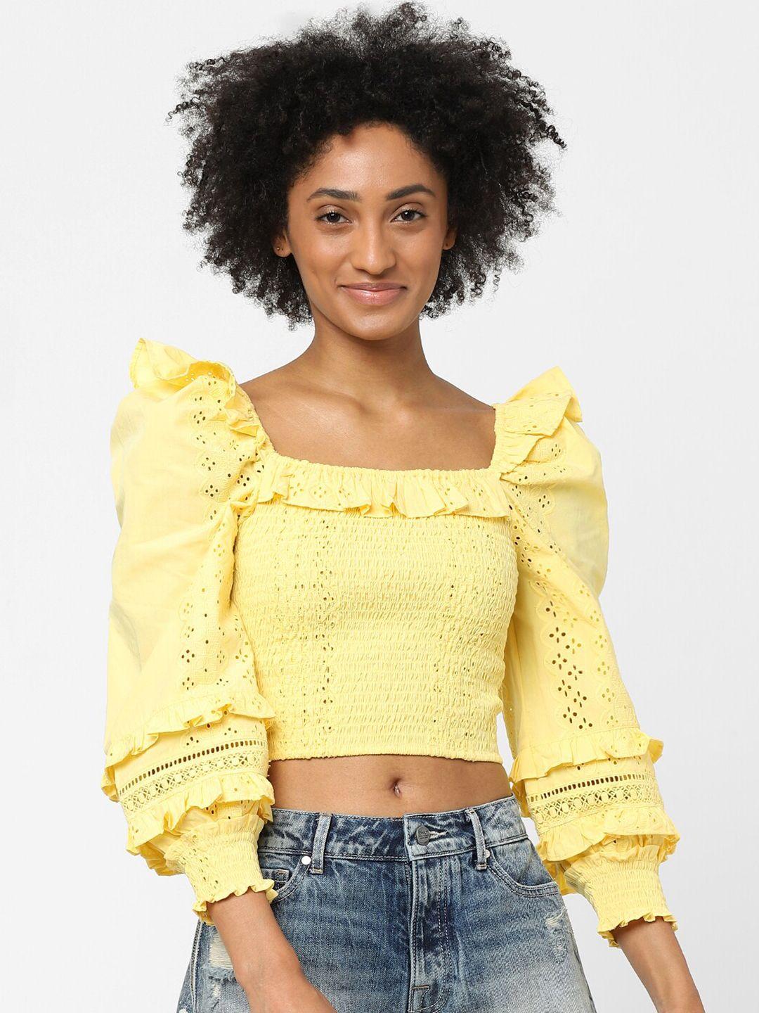 only women yellow self design cotton blend crop top