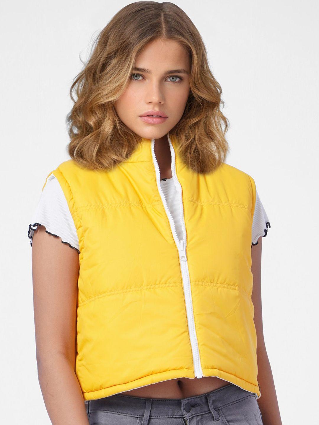 only women yellow sleeveless crop padded jacket