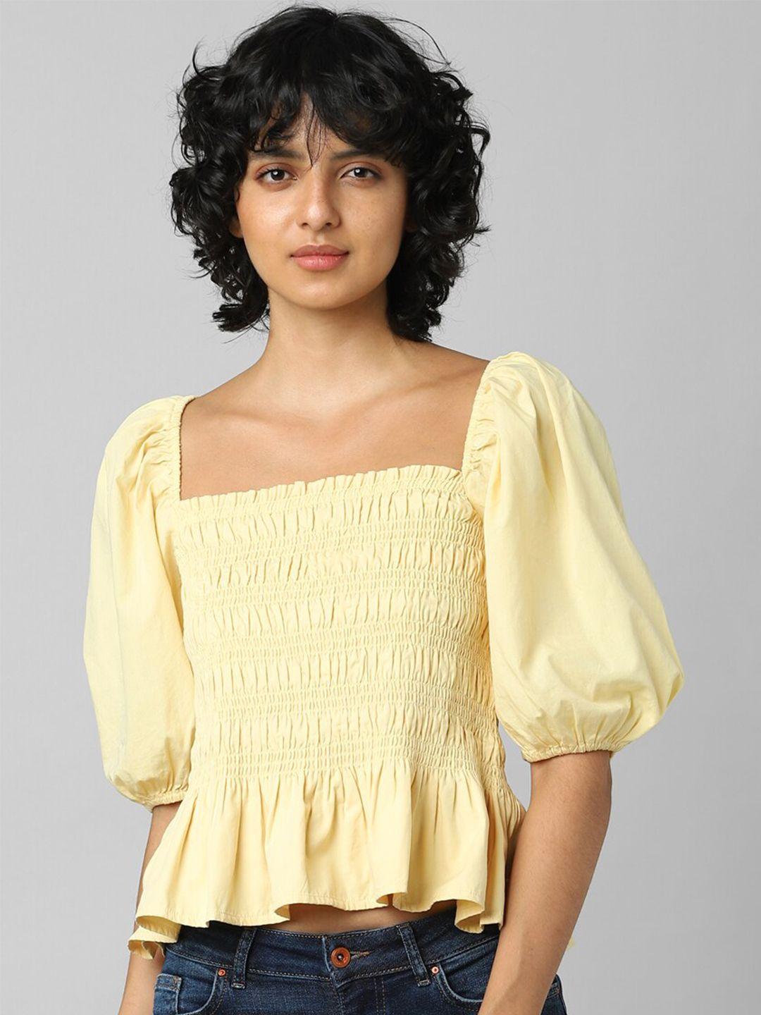 only women yellow solid smocked square neck top