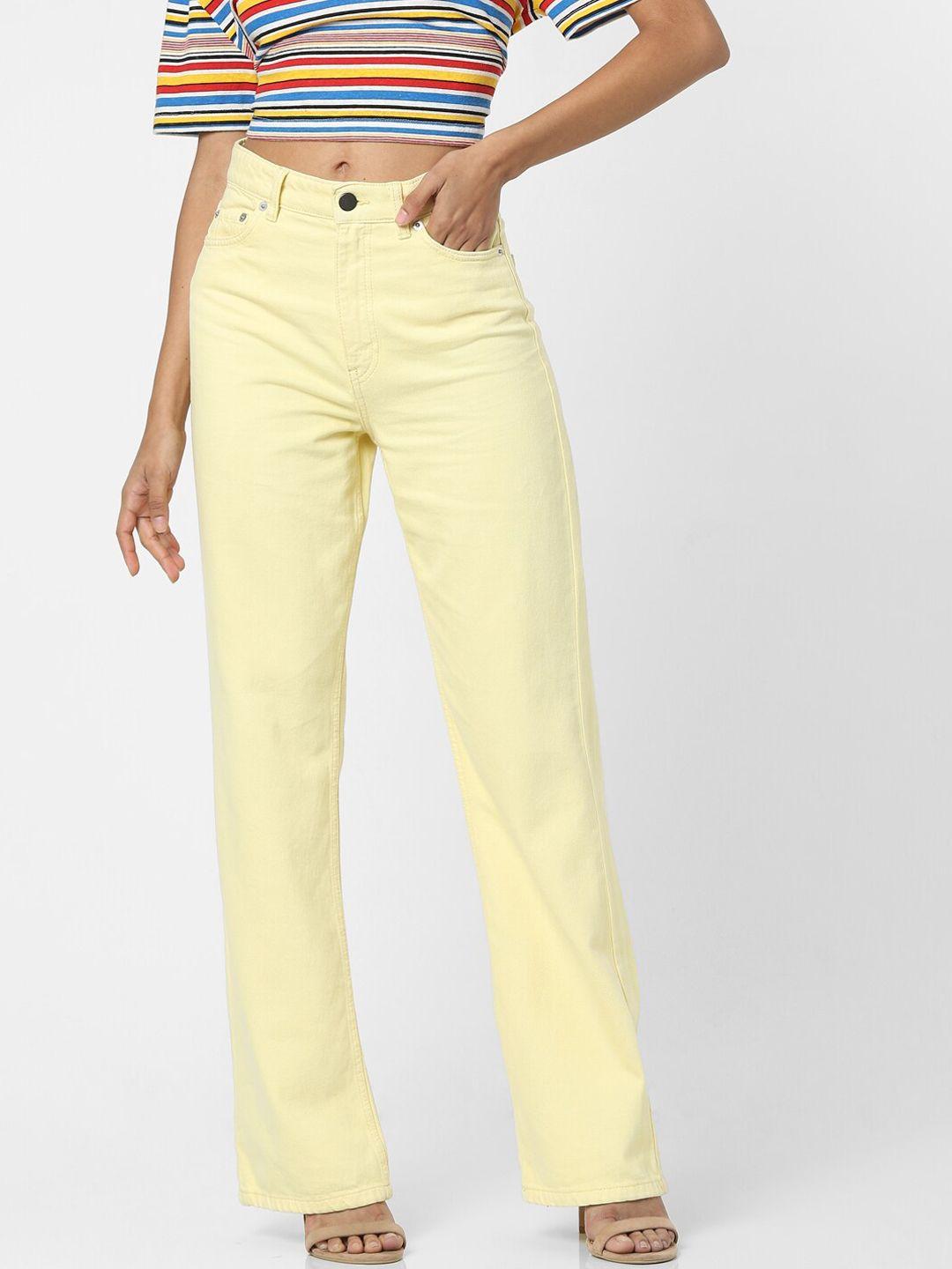 only women yellow straight fit high-rise slash knee jeans