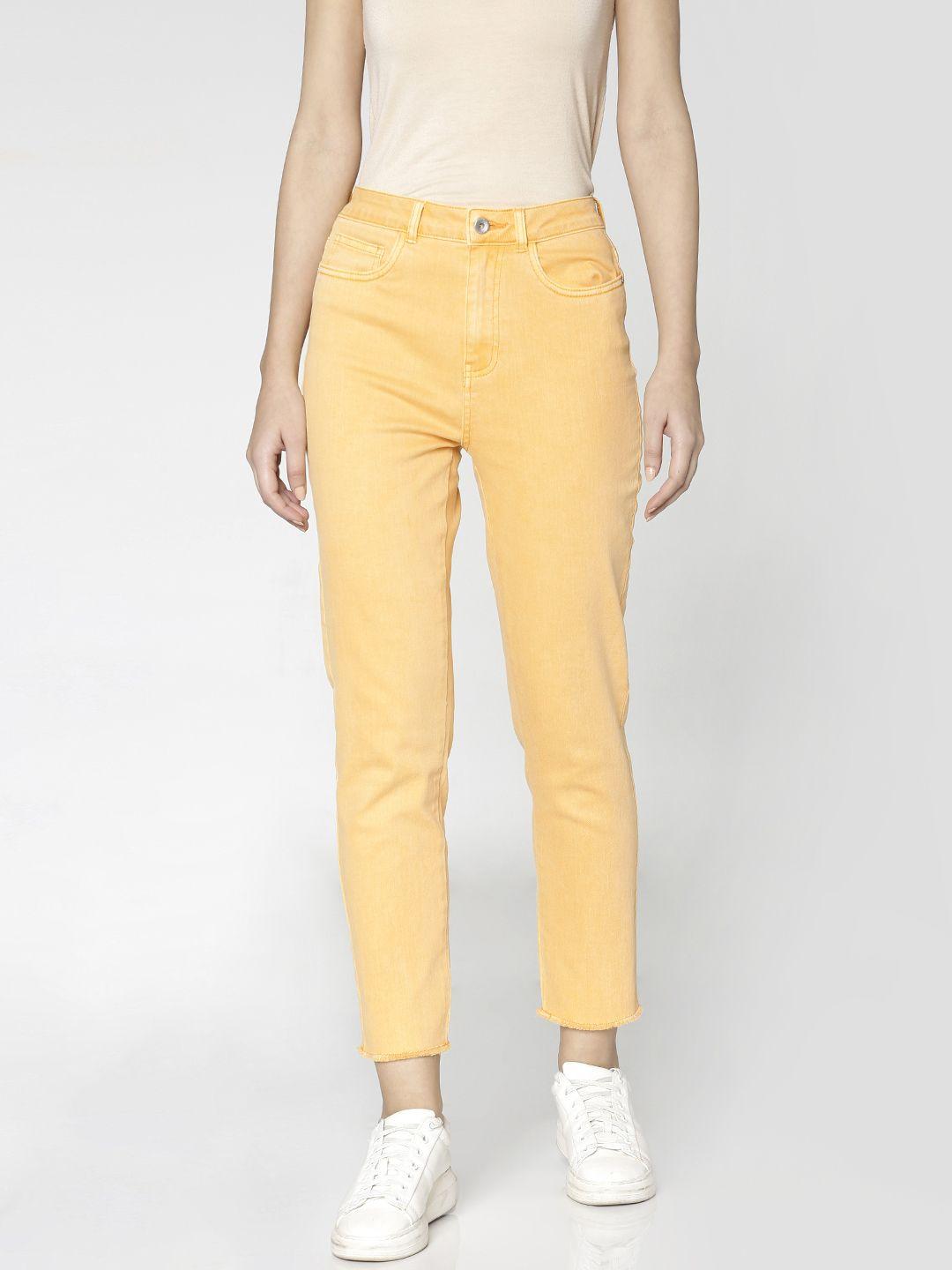 only women yellow straight fit mid-rise clean look stretchable cropped jeans