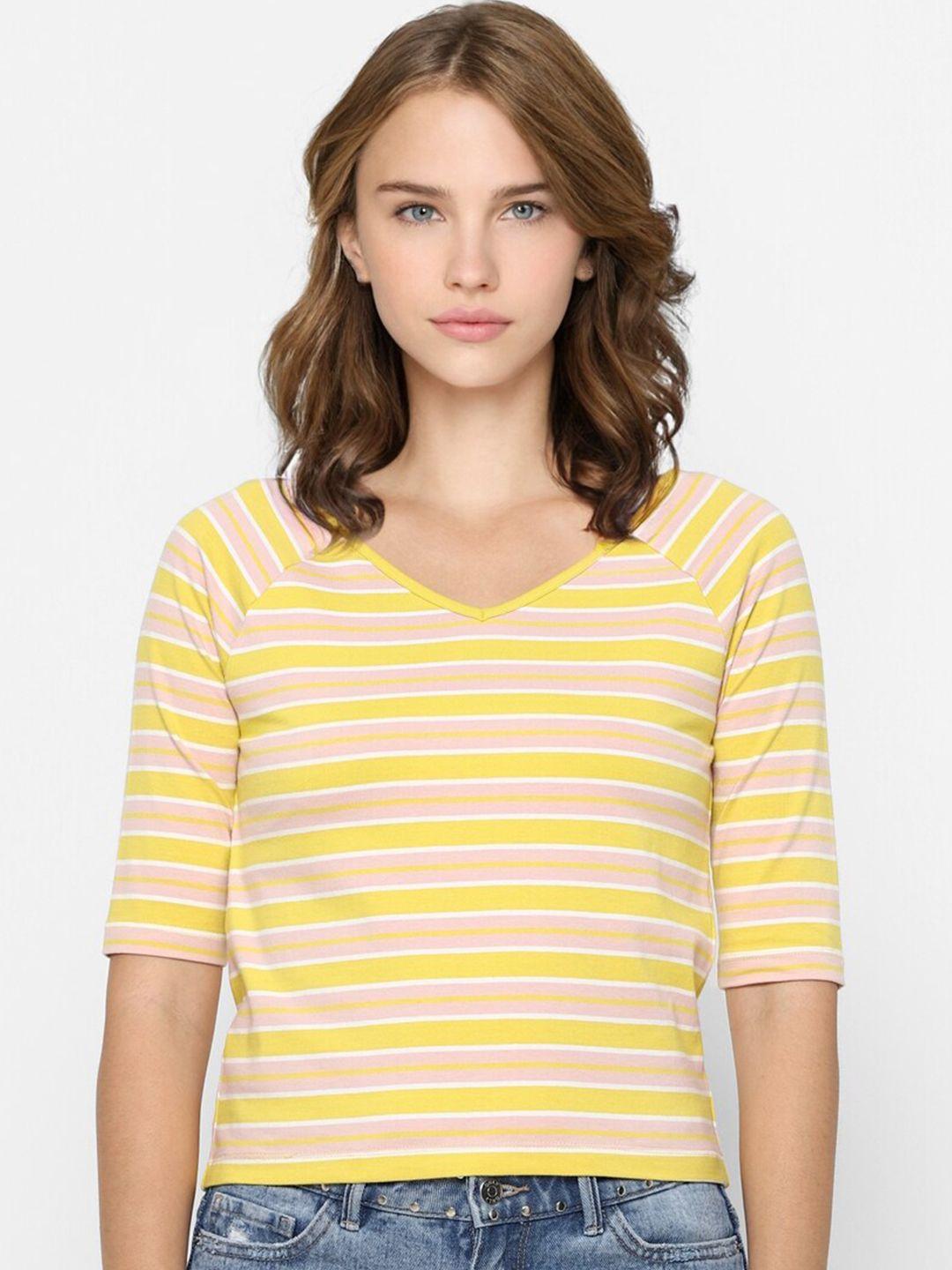 only women yellow striped v-neck t-shirt