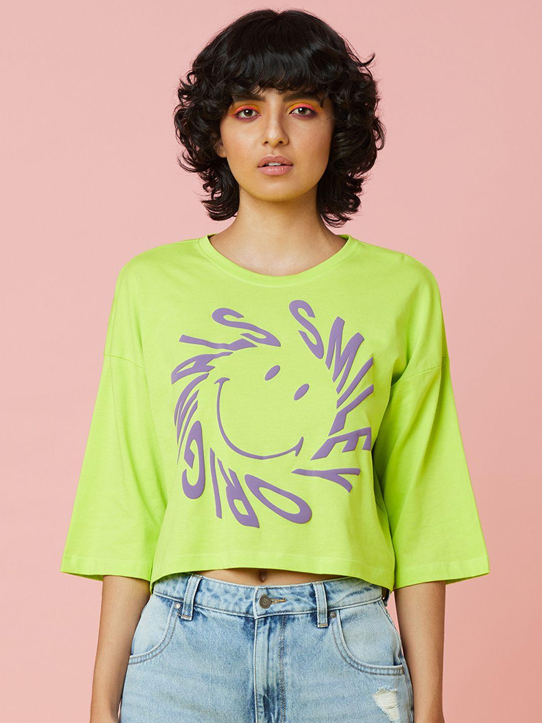 only x smiley collection green printed drop-shoulder sleeves loose cotton t-shirt