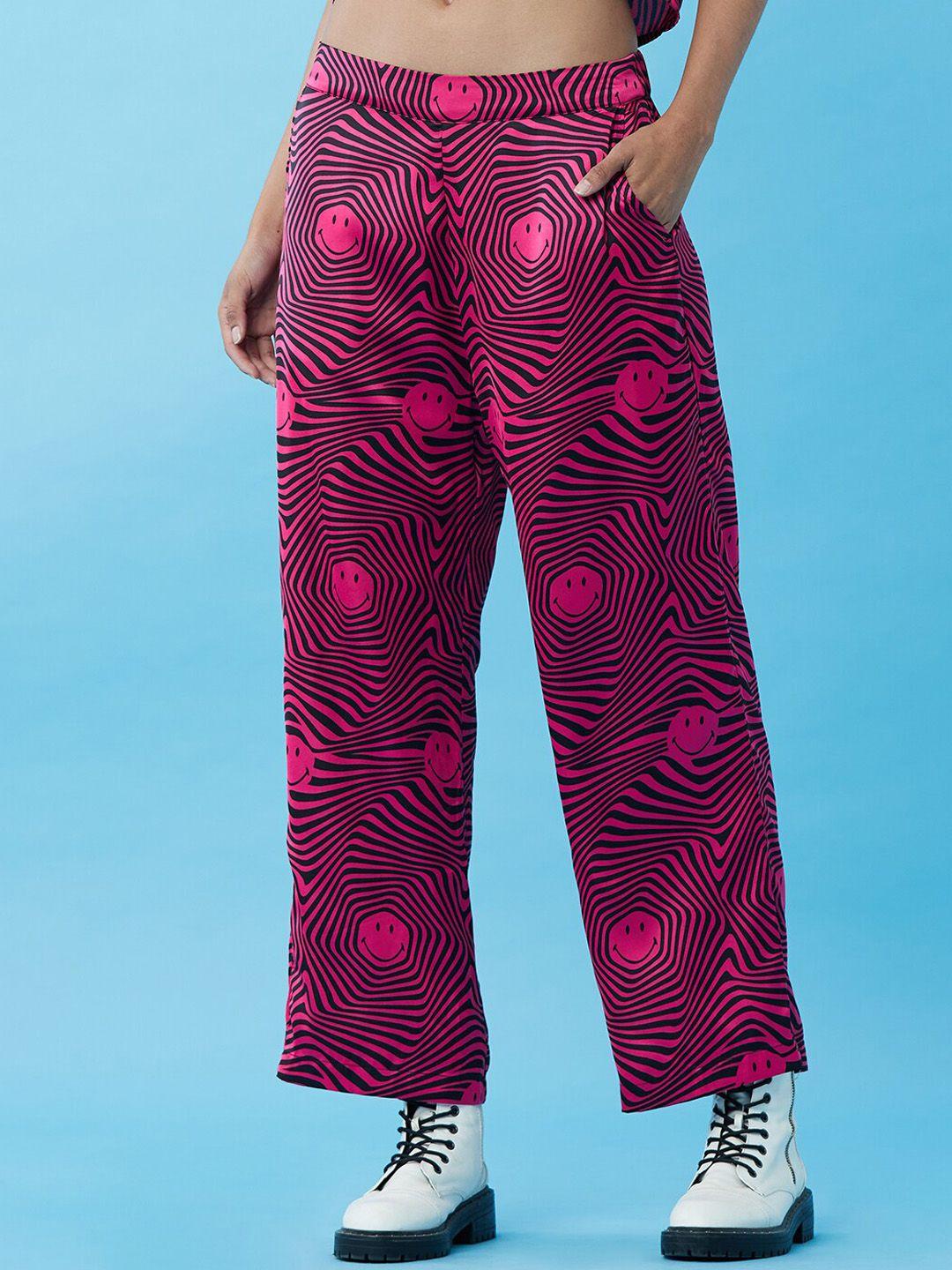 only x smiley collection women pink printed loose fit high-rise trousers