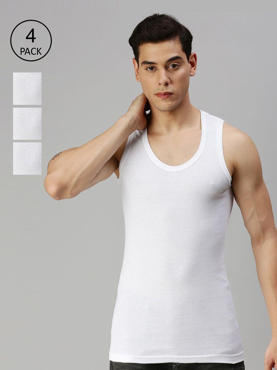onn men white set of 4 solid cotton basic innerwear vests