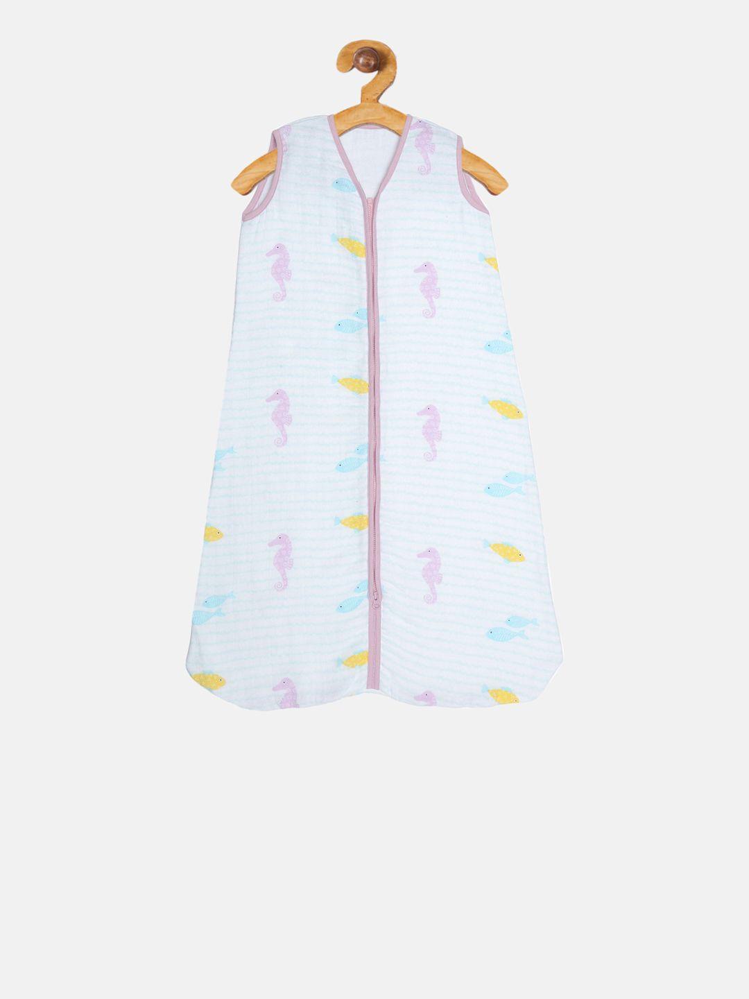 ooka infants purple & white sea-horse printed multi-layer cotton muslin sleep sack
