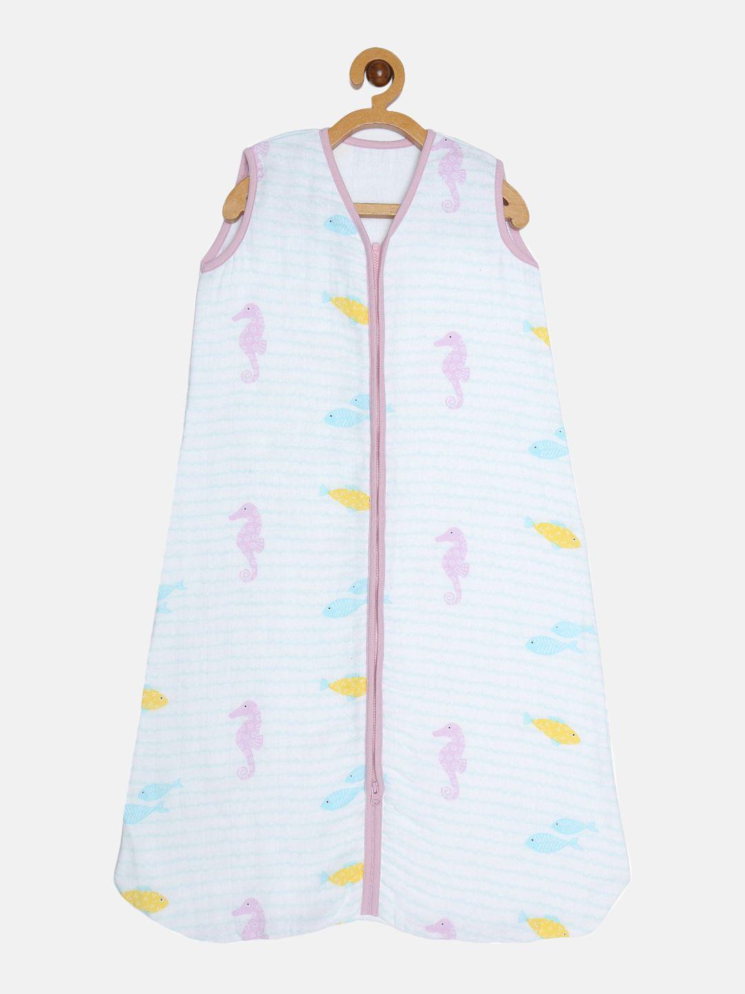 ooka infants white & purple seahorse print multilayer cotton muslin light sleep sack
