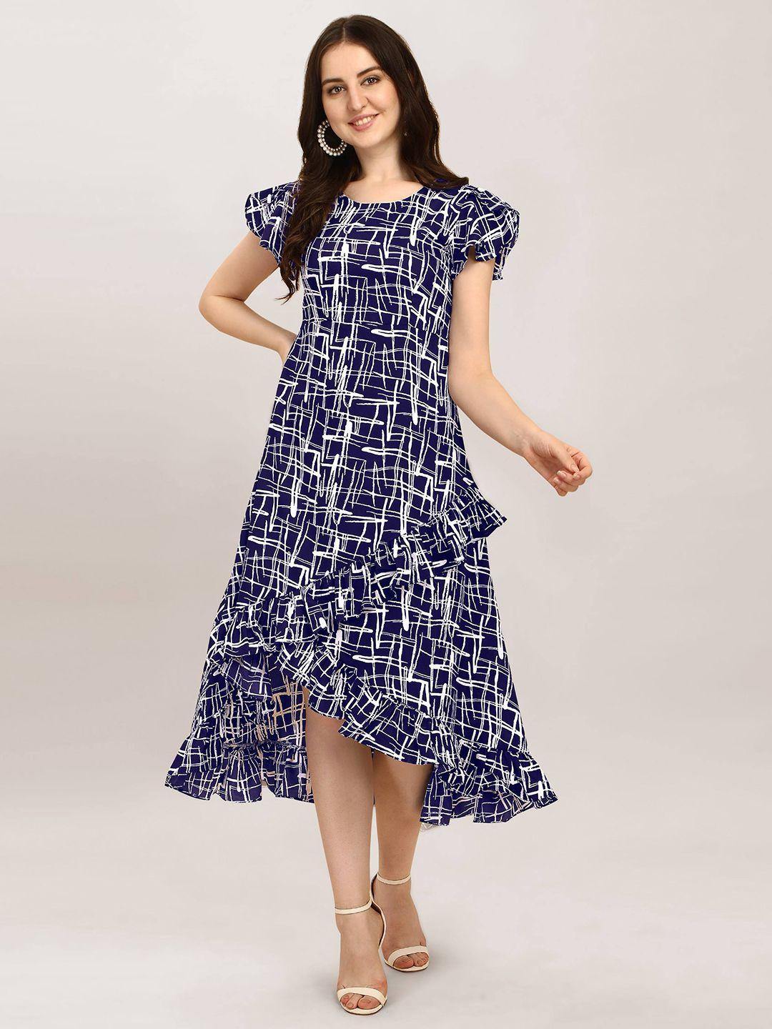 oomph! abstract printed flutter sleeves ruffled a-line midi dress