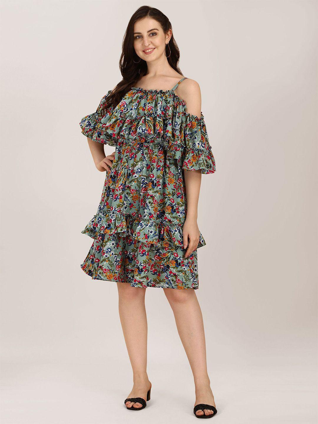 oomph! blue floral print cold-shoulder sleeve ruffled dress