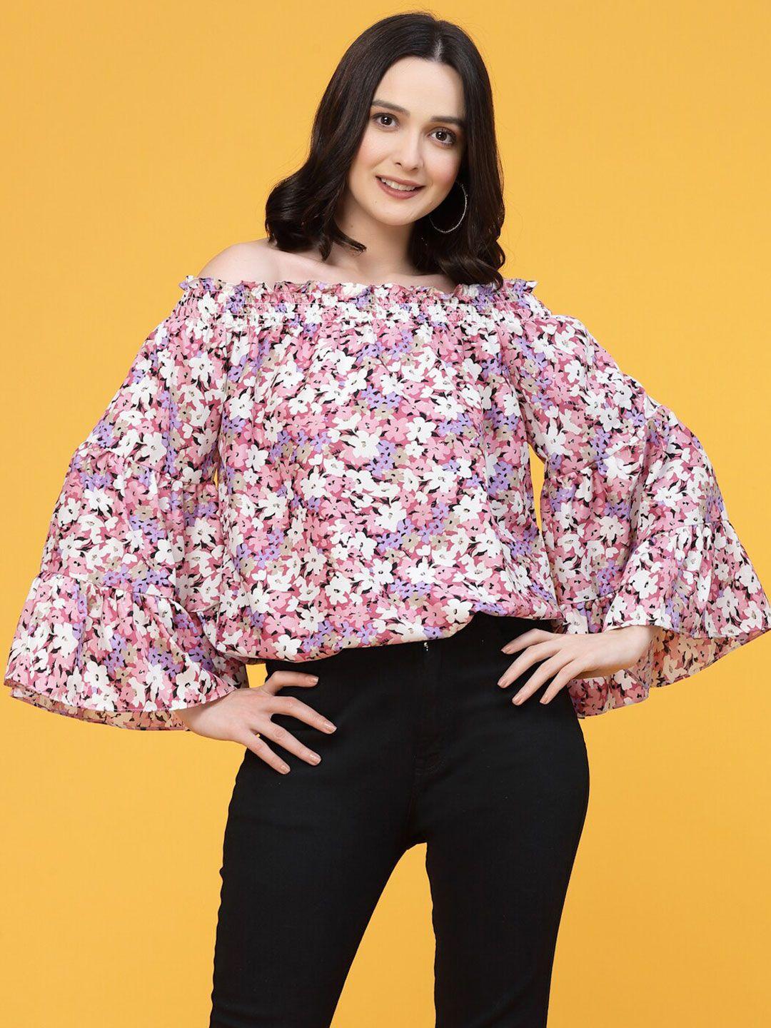 oomph! blue floral printed off-shoulder bell sleeves smocked bardot top