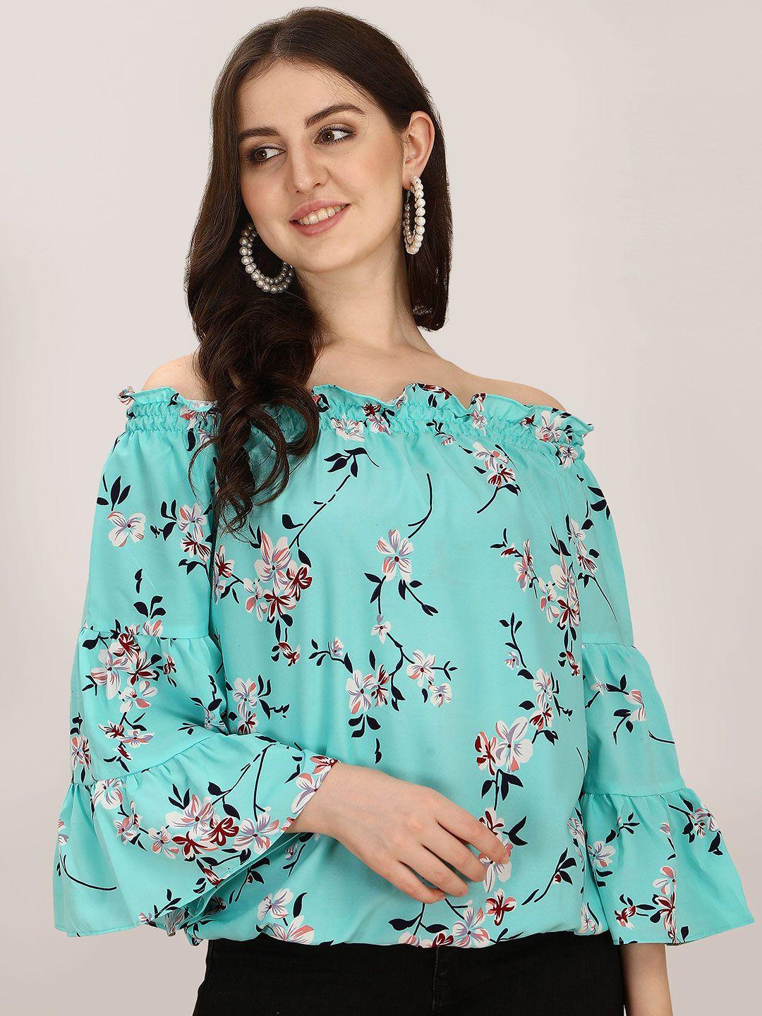 oomph! blue floral printed off-shoulder bell sleeves smocked bardot top