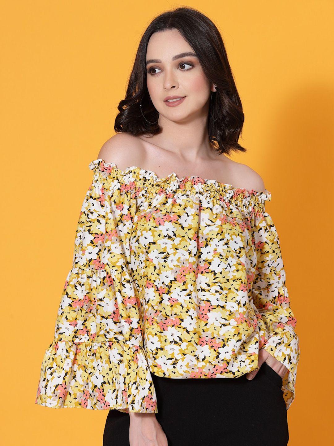 oomph! blue floral printed off-shoulder bell sleeves smocked bardot top