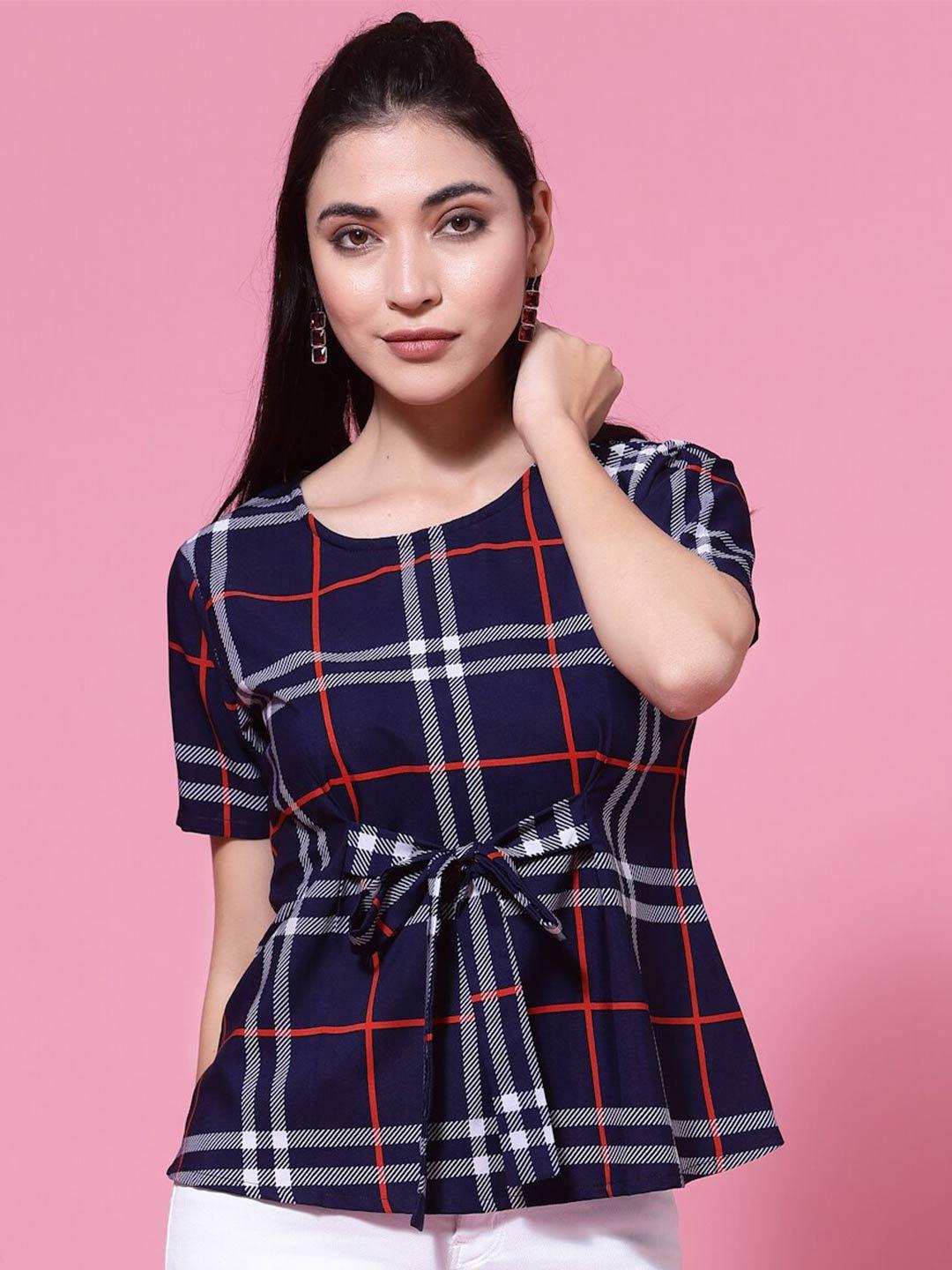 oomph! checked cinched waist round neck short sleeves regular top