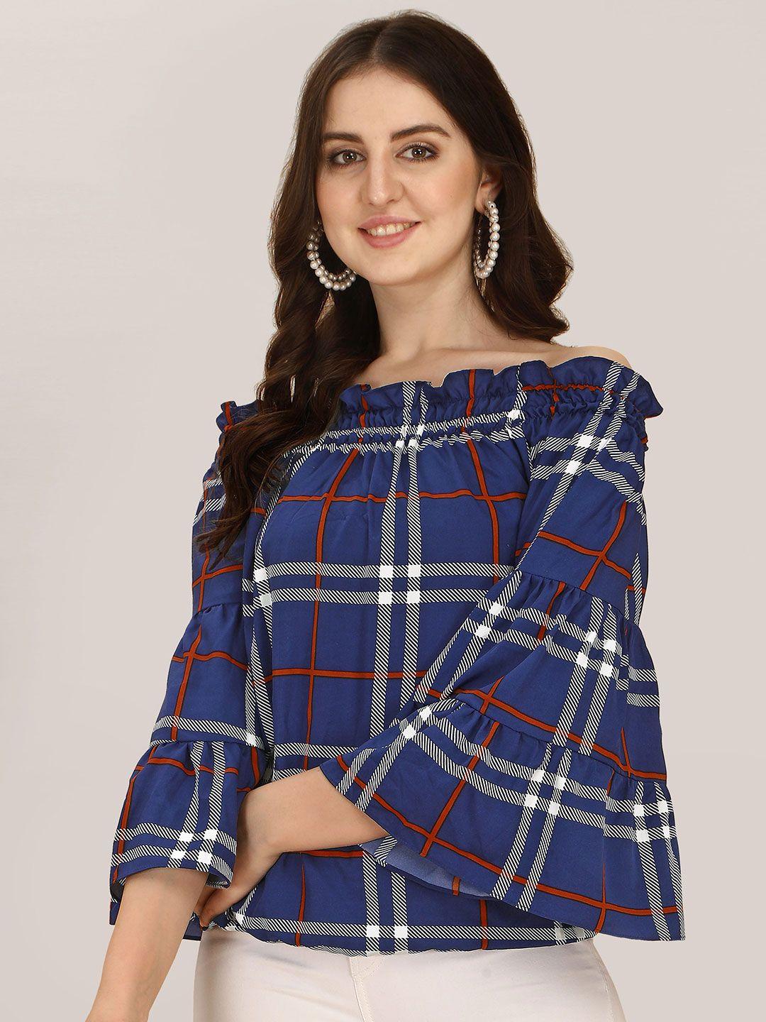 oomph! checked off-shoulder bell sleeves bardot top