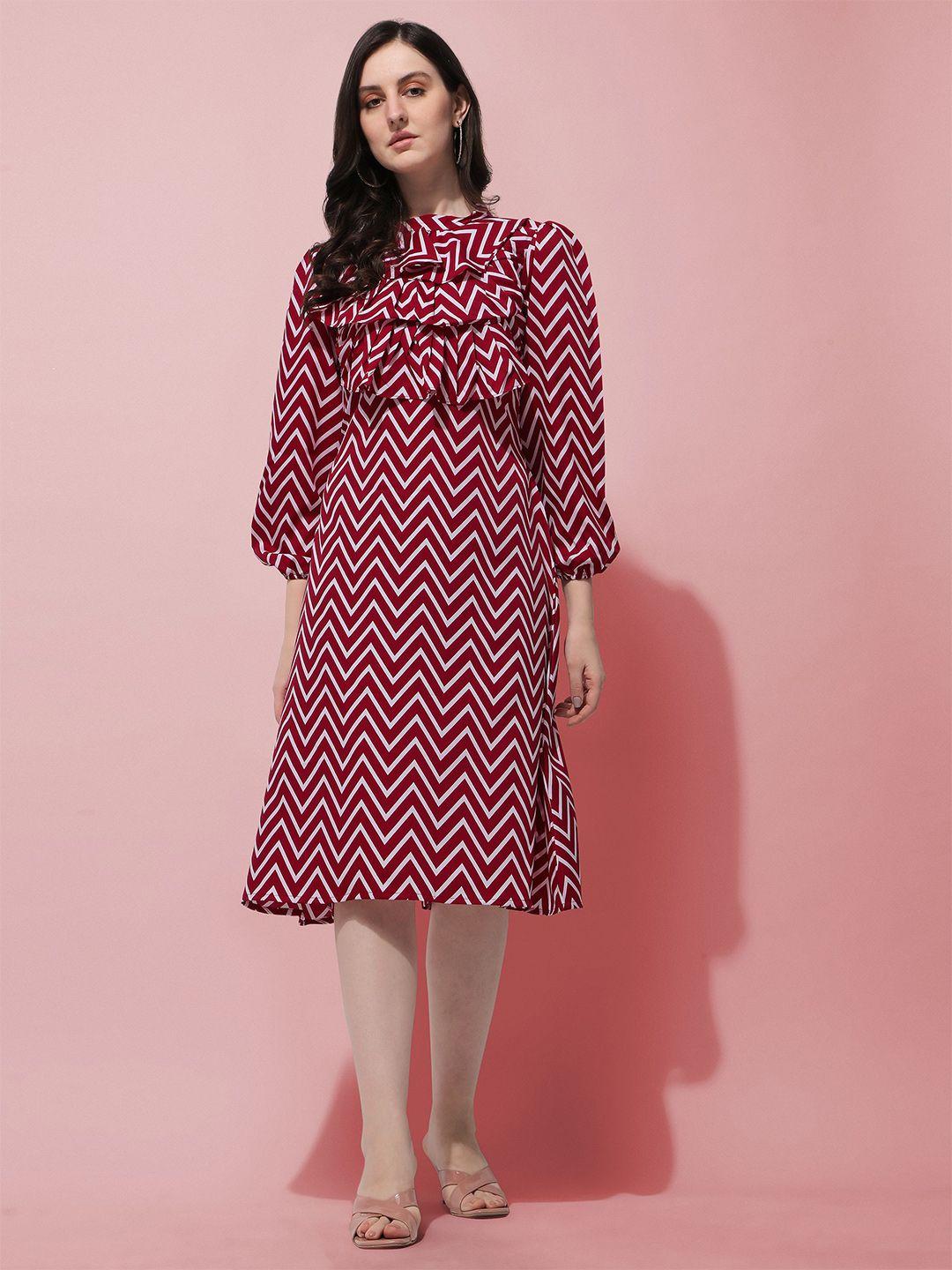 oomph! chevron printed puff sleeves ruffled a-line dress