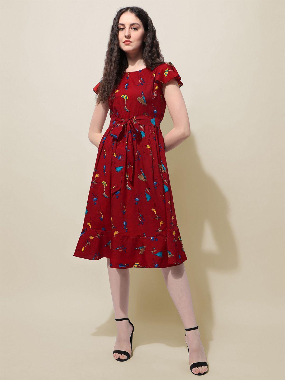 oomph! conversational printed flutter sleeves fit & flare dress