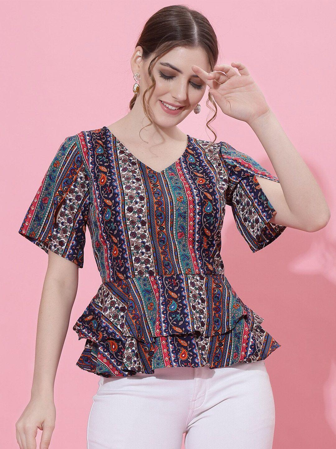 oomph! ethnic motifs printed v-neck layered peplum top