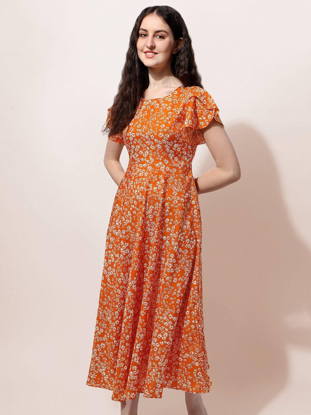 oomph! floral print flutter sleeve crepe fit & flare maxi dress