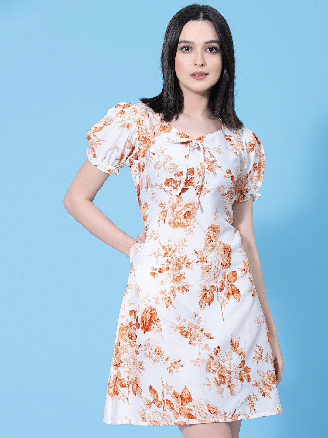 oomph! floral print tie-up neck puff sleeve crepe fit & flare dress