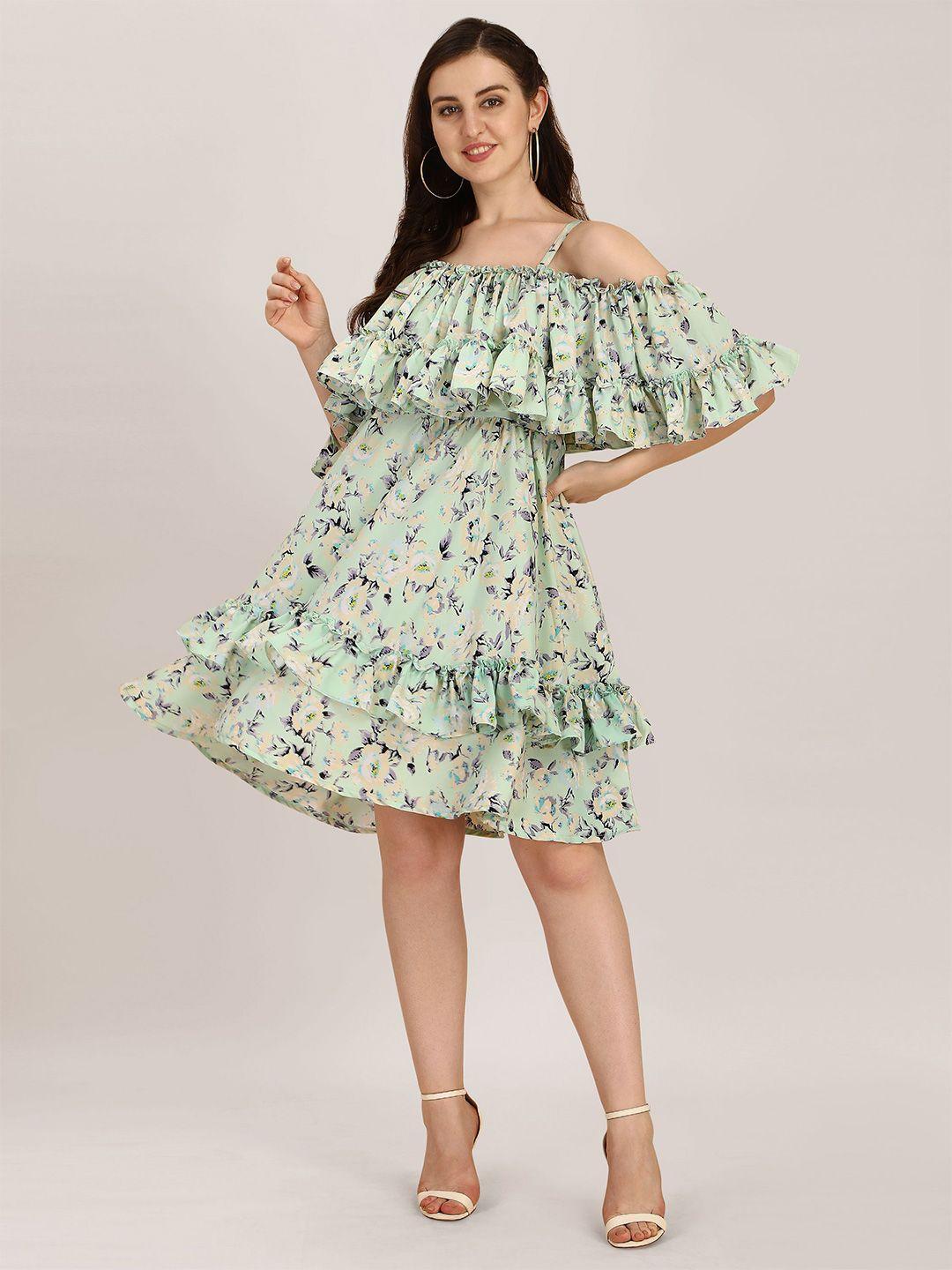 oomph! floral printed cold shoulder ruffled a-line dress