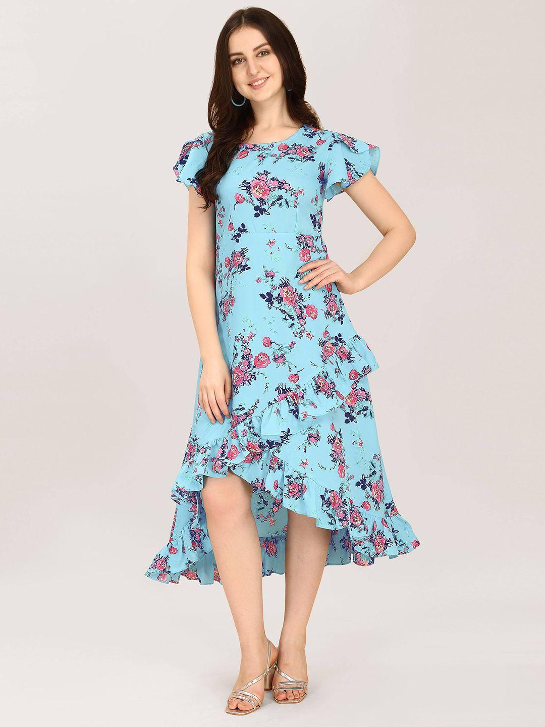 oomph! floral printed flutter sleeves ruffled a-line midi dress