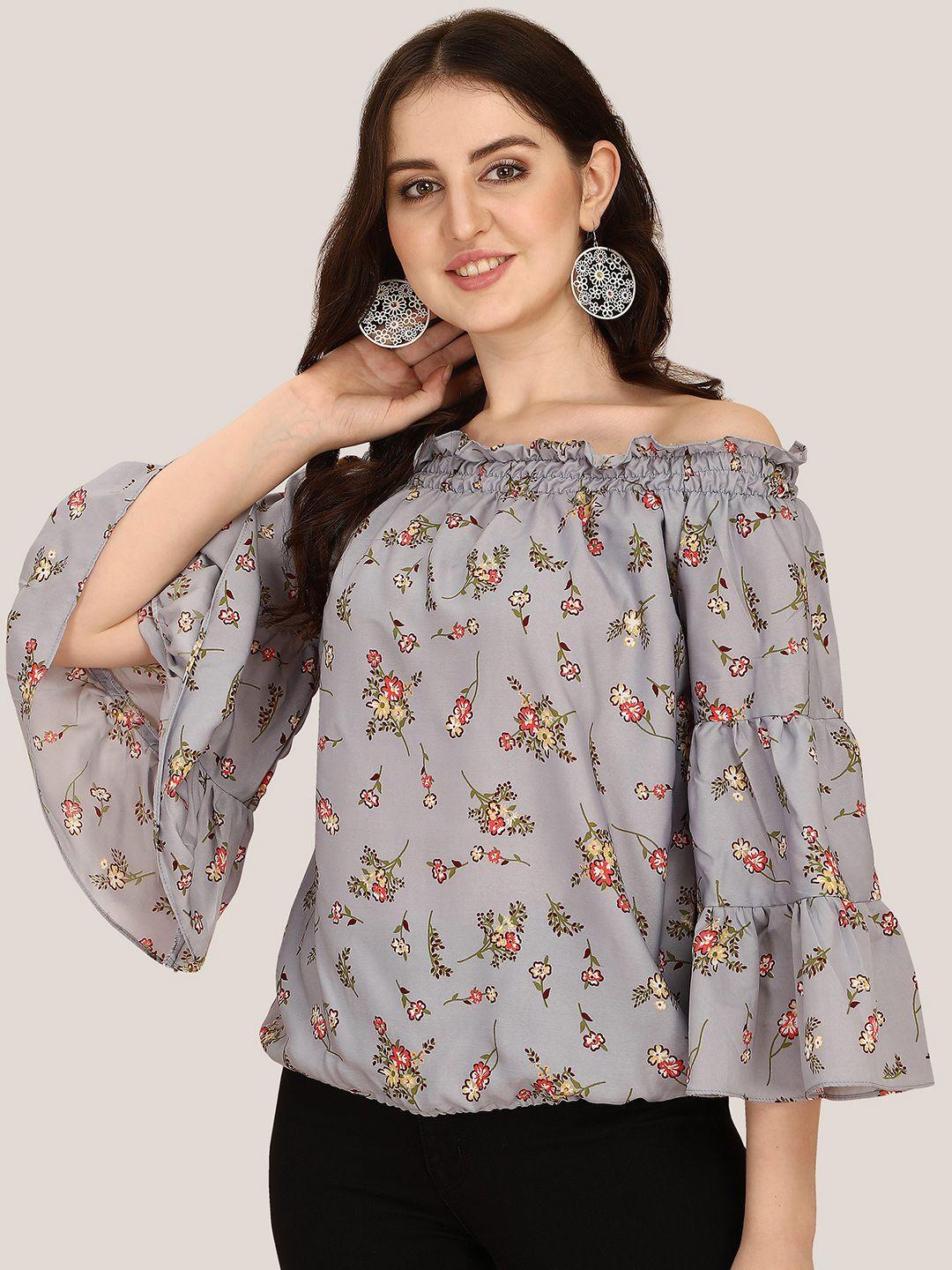 oomph! floral printed off-shoulder bell sleeve bardot top