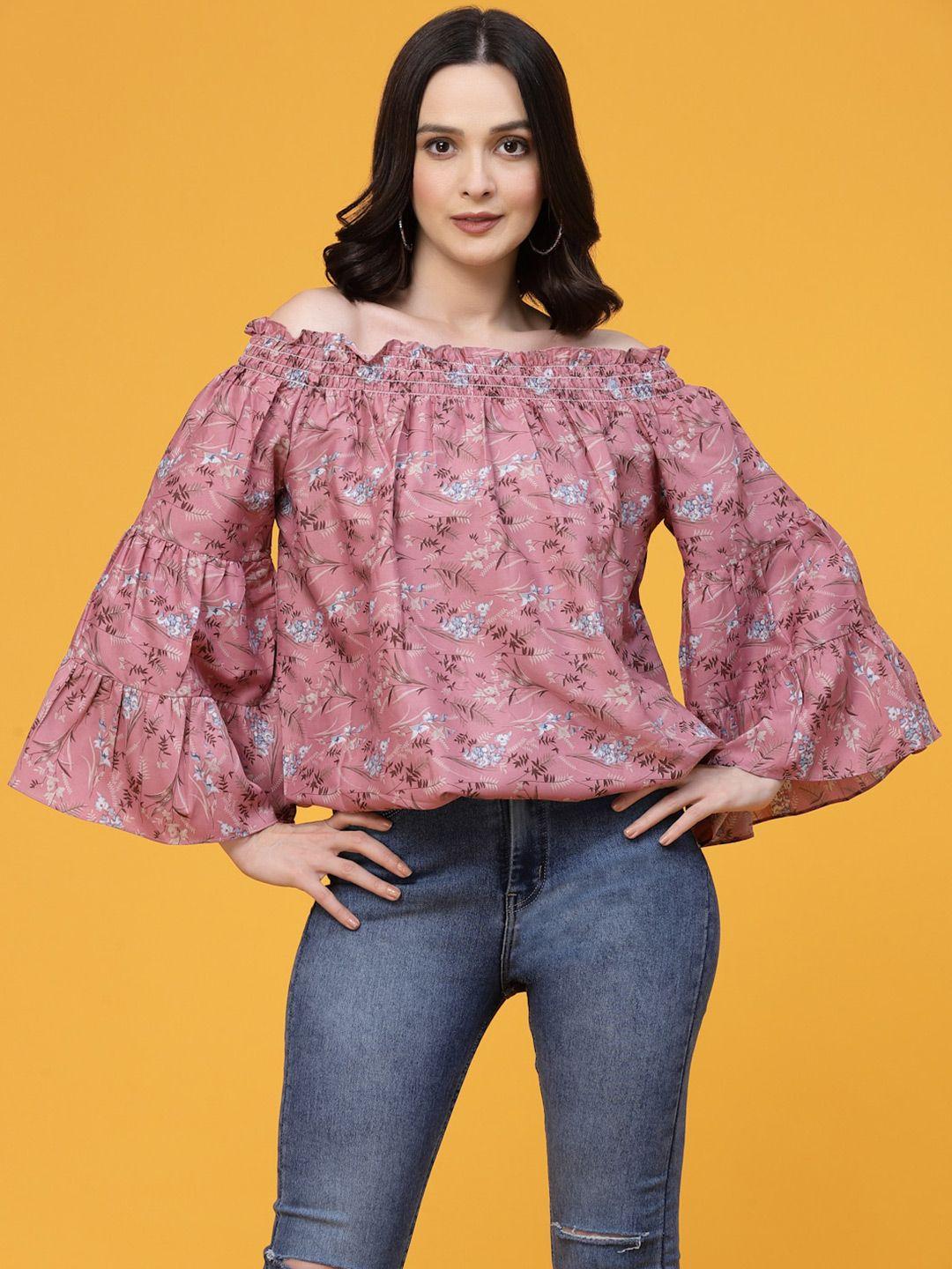 oomph! floral printed off-shoulder bell sleeves bardot top