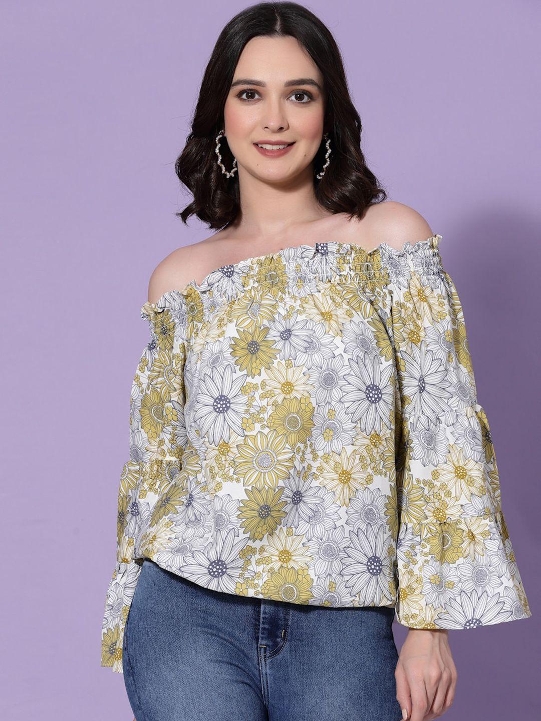 oomph! floral printed off-shoulder bell sleeves smocked bardot top