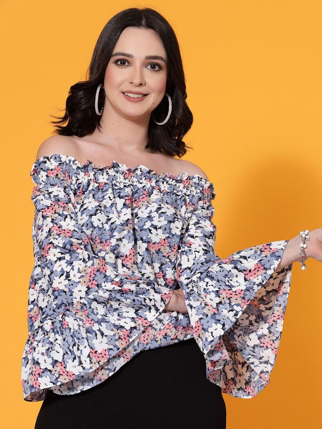 oomph! floral printed off-shoulder flared sleeve smocked detail bardot regular top