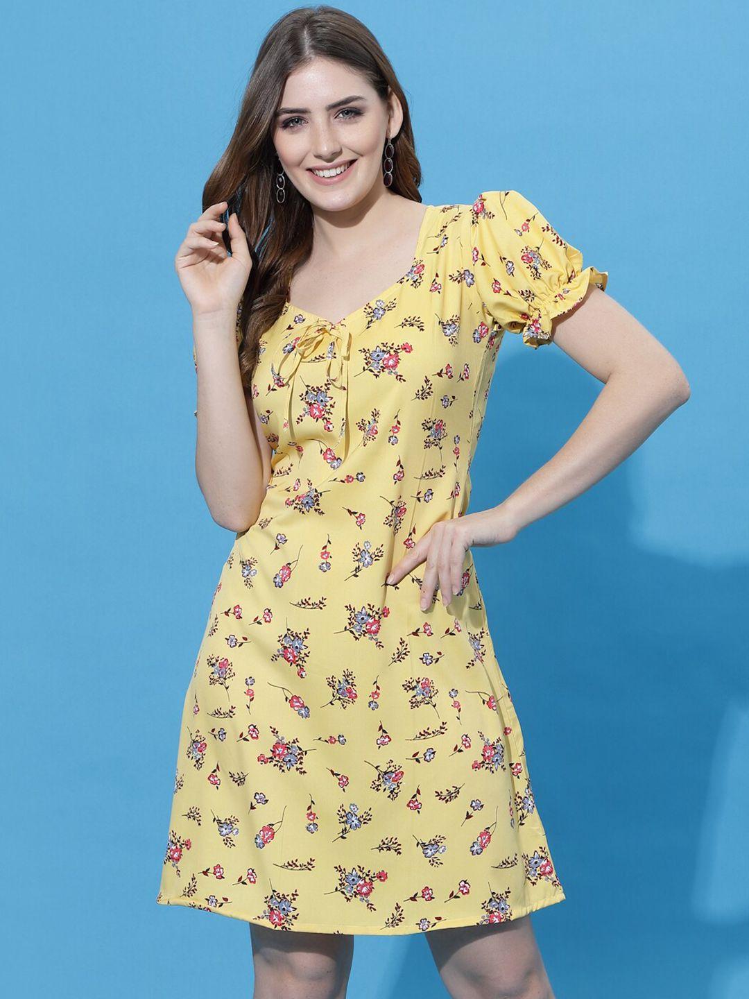 oomph! floral printed puff sleeves fit & flare dress