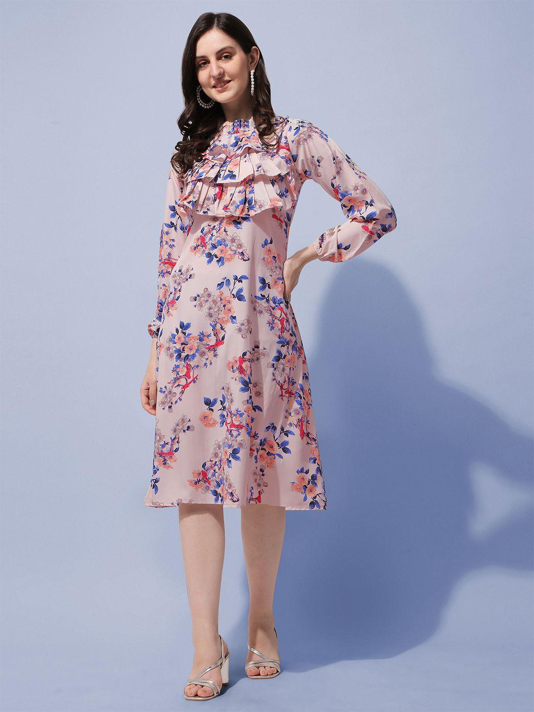 oomph! floral printed puff sleeves ruffled a-line dress