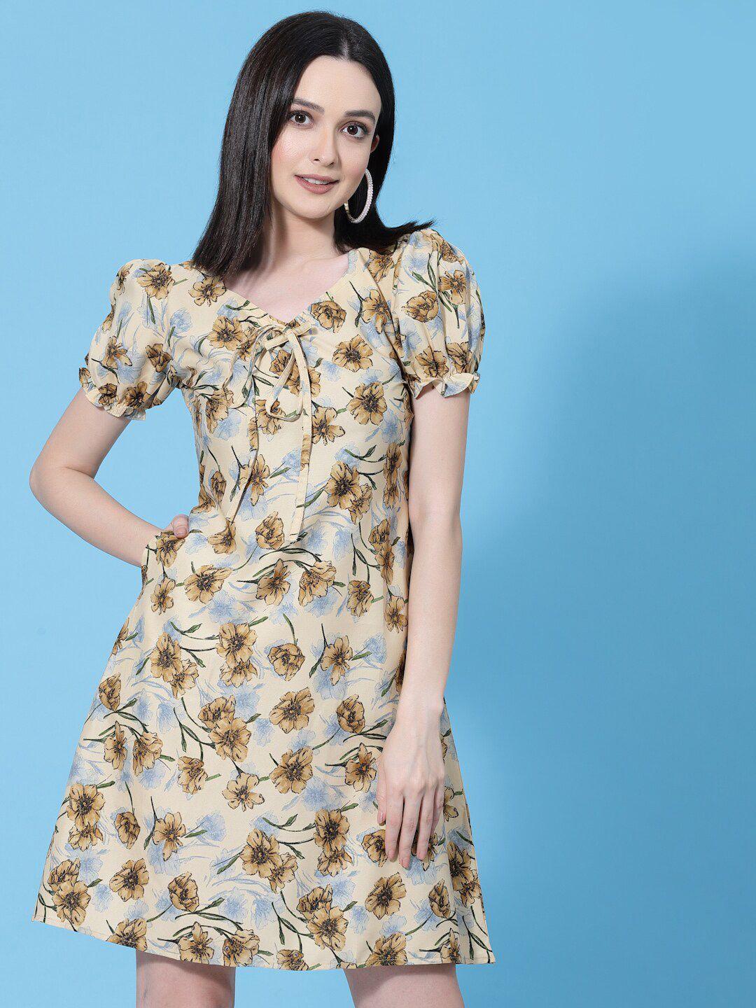 oomph! floral printed puff sleeves tie-up a-line dress