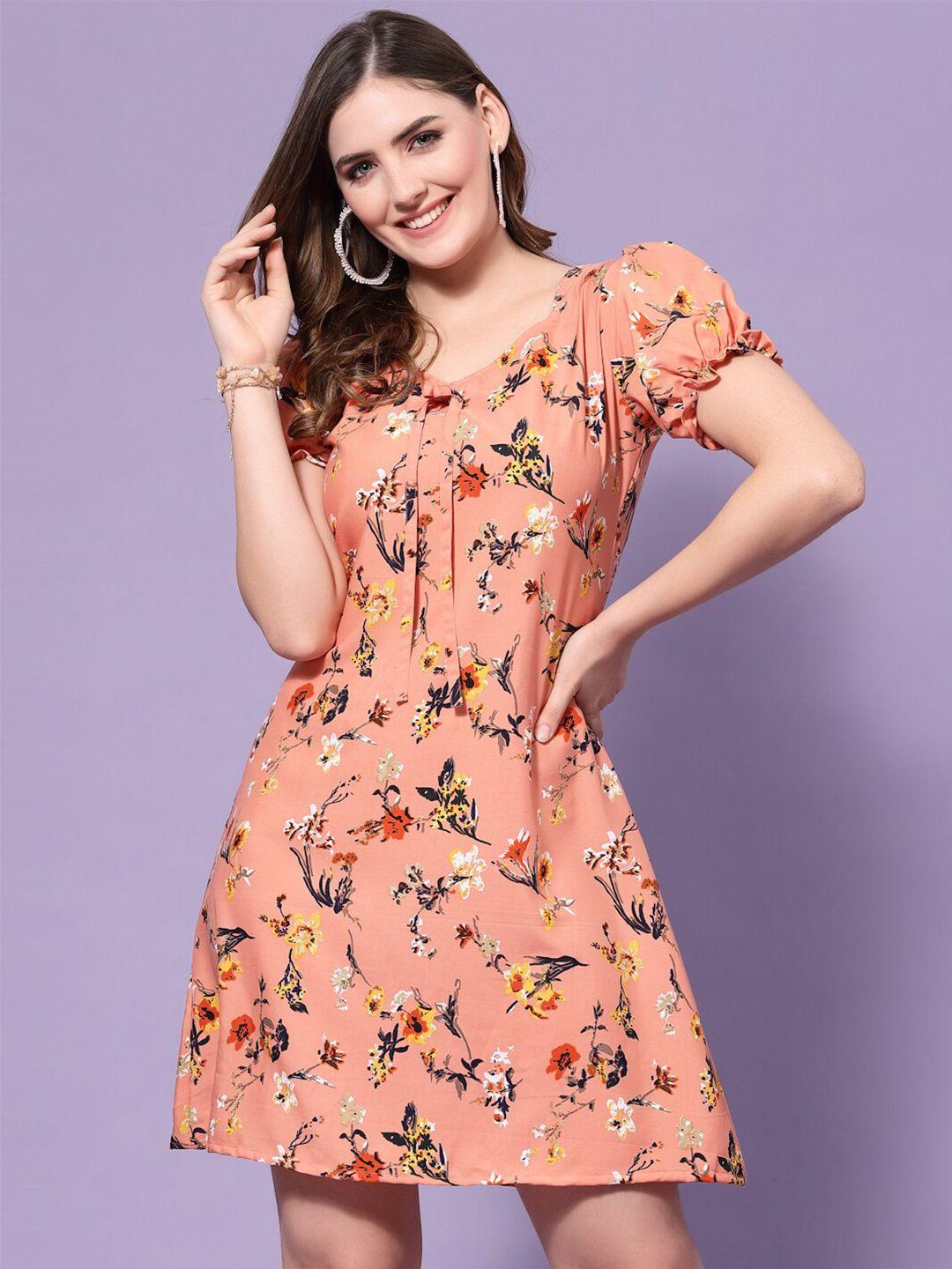 oomph! floral printed puff sleeves tie-up a-line dress