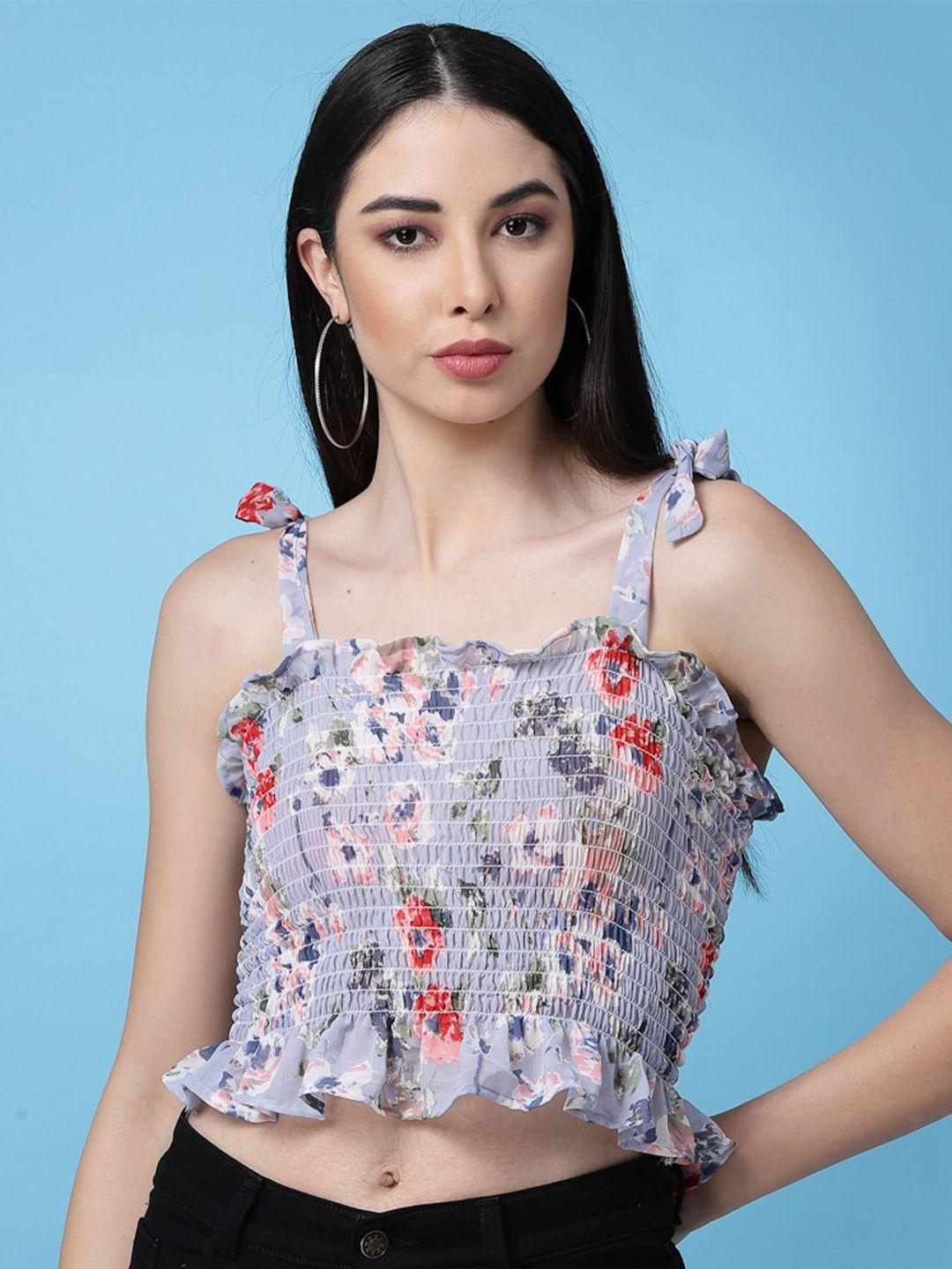 oomph! floral printed smocked fitted crop top