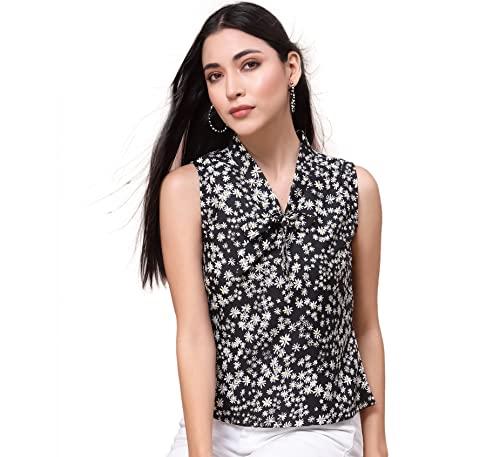 oomph! women's crepe printed top with tie neck and sleeveless