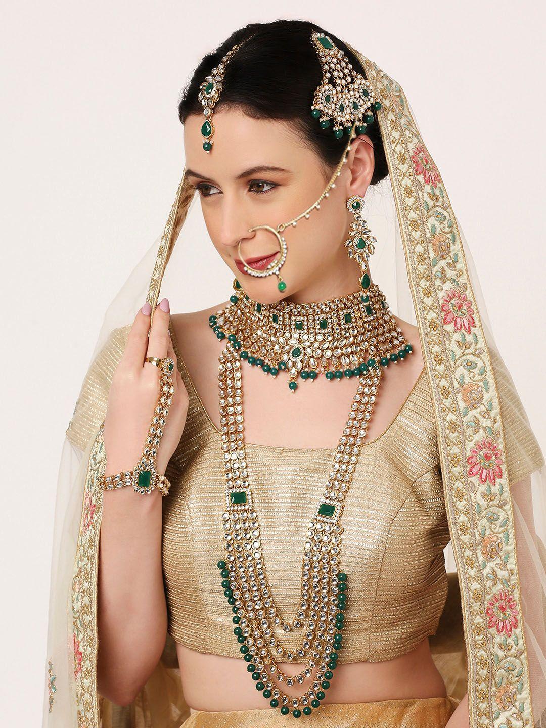 oomph  7 piece kundan studded & beaded jadau bridal jewellery set