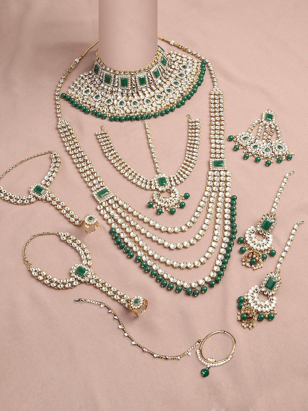 oomph 7 piece kundan studded & beaded jadau bridal jewellery set